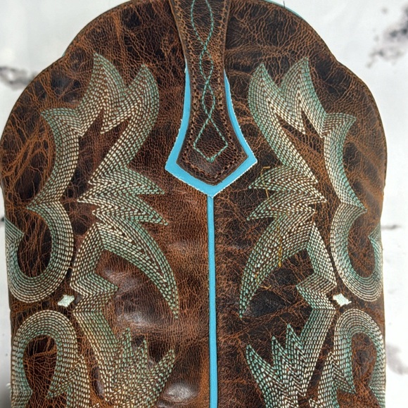 Ariat Tombstone Leather Roper Boots Midi Calf Wide Square Toe Brown Turquoise 9B - Picture 13 of 16